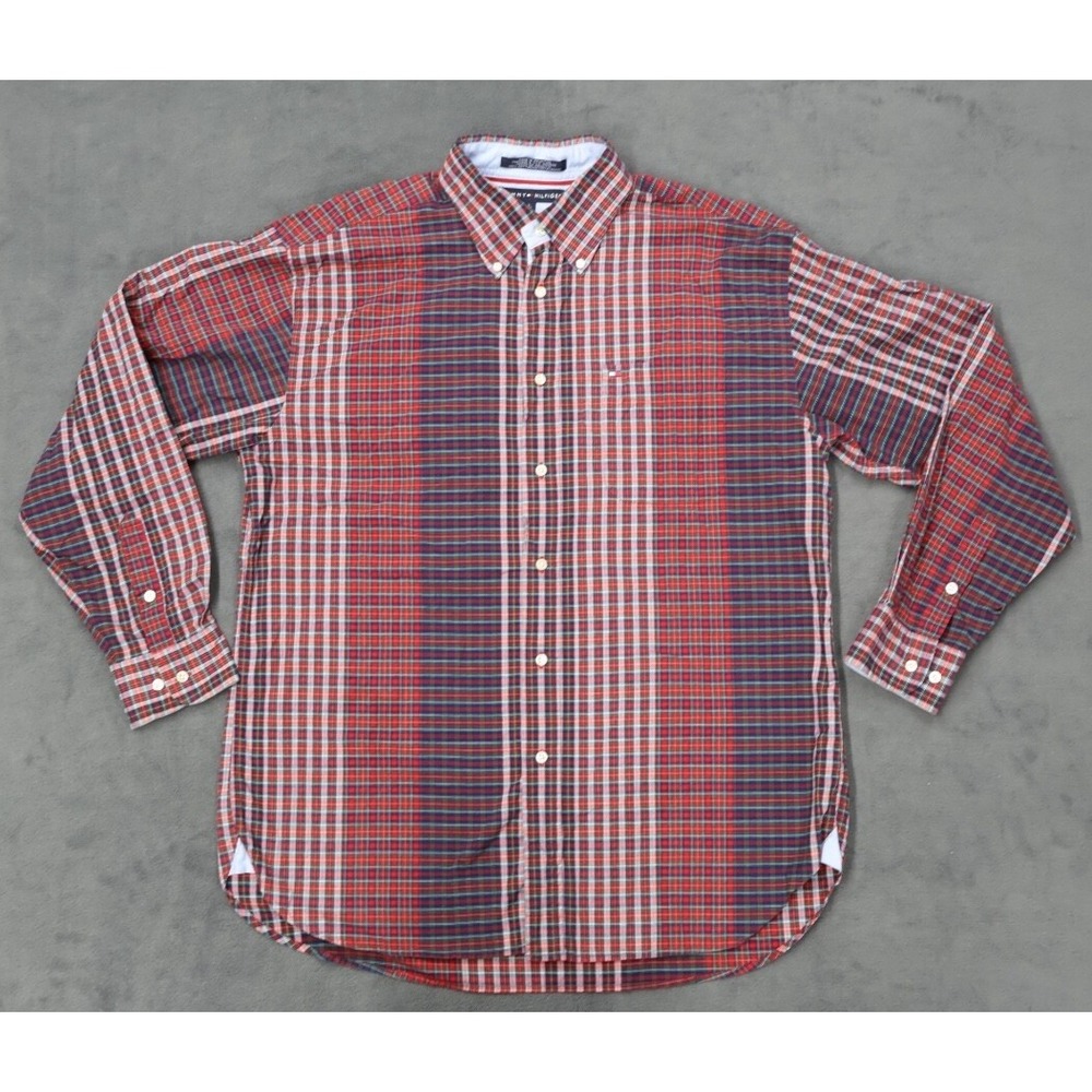 Tommy Hilfiger Mens Large Long Sleeve Button Down Shirt Plaid Pocket Vintage